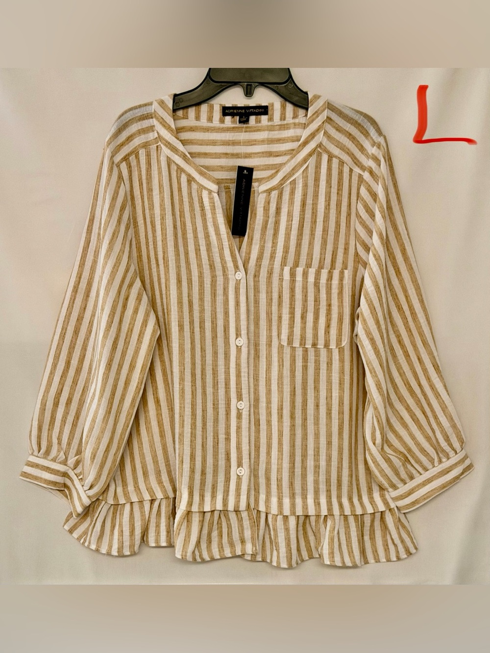 Adrienne Vittadini Cream and Tan Striped Ruffle-Hem Button Front Blouse